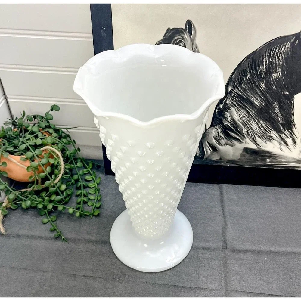 Vintage Anchor Hocking Hobnail Milk Glass Vase - Pedestal Planter